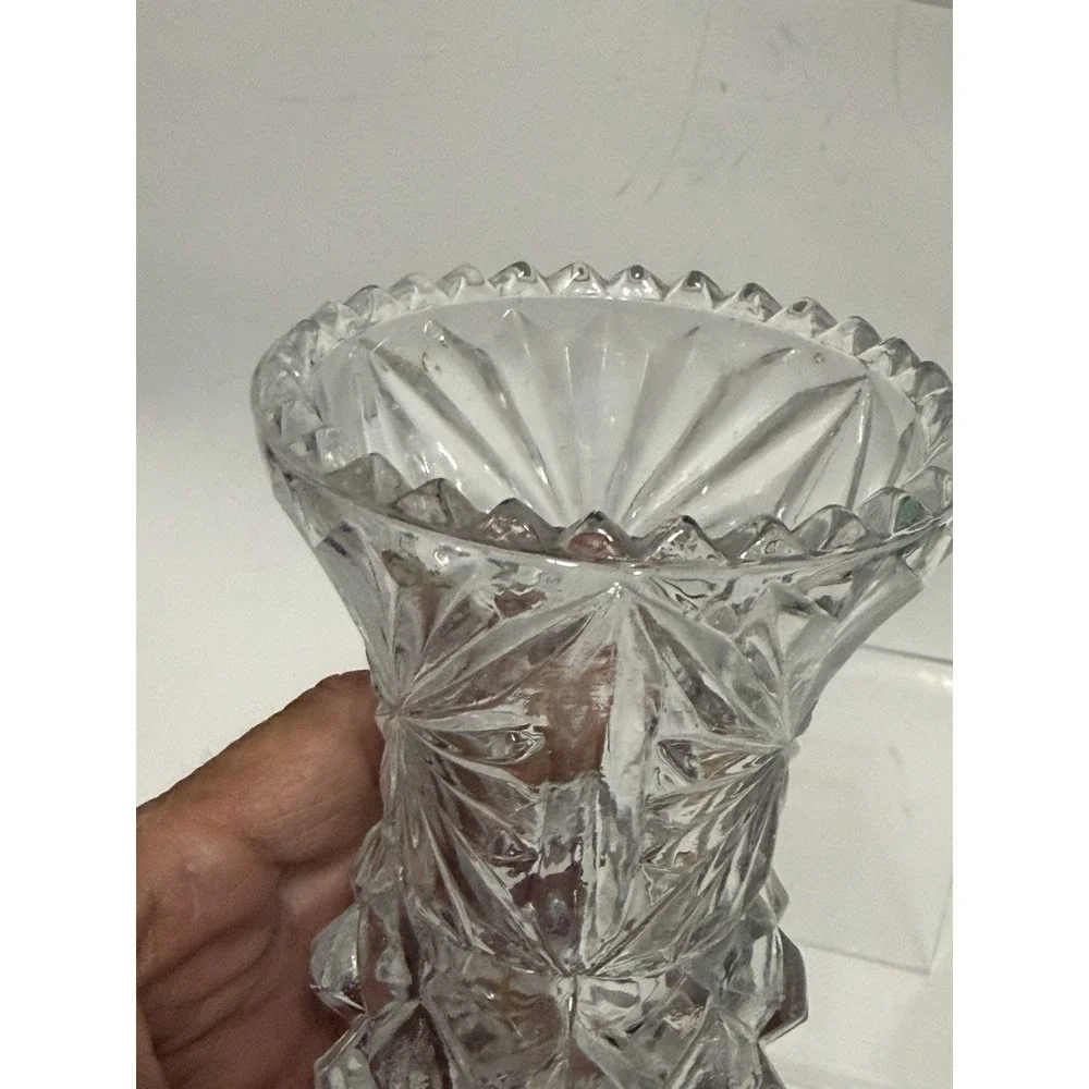 Vintage Clear Pressed Glass‎ Bud Vase Starburst Diamond Point Sawtooth Rim 5